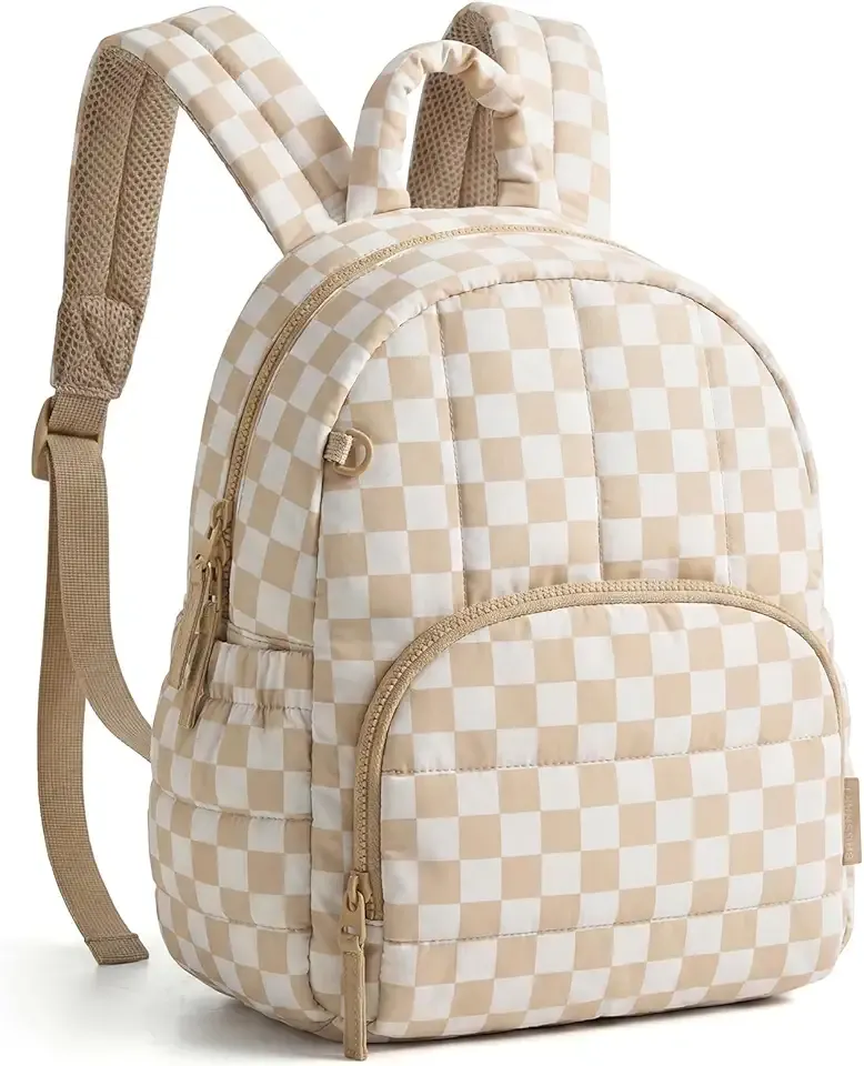 Mini Backpack for Women, Lightweight Puffer Small Backpack Purse, Quilted Casual Travel Daypack, Cute Water-Resistant Bookbag for Daily, Brown Checkered