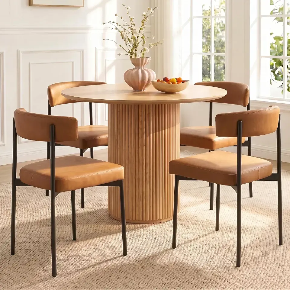 GrandNoor Brown Faux Leather Dining Chairs Set of 4, Armless Upholstered Kitchen Chair,Modern Dining Room Chair with Curved Backrest