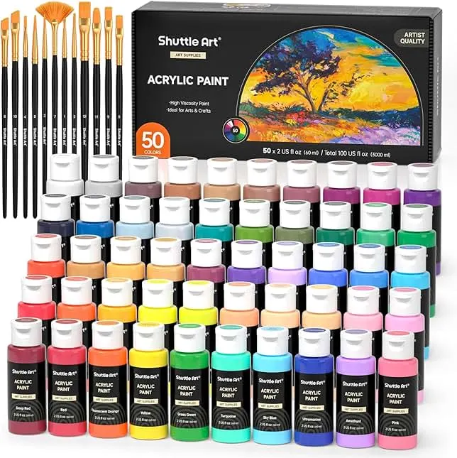 Shuttle Art Acrylic Paint, 50 Colors Acrylic Paint Set, 2oz/60ml Bottles, Rich Pigments, Water Proof, Premium for Artists, Beginners and Kids on Canvas Rocks Wood Ceramic Fabric