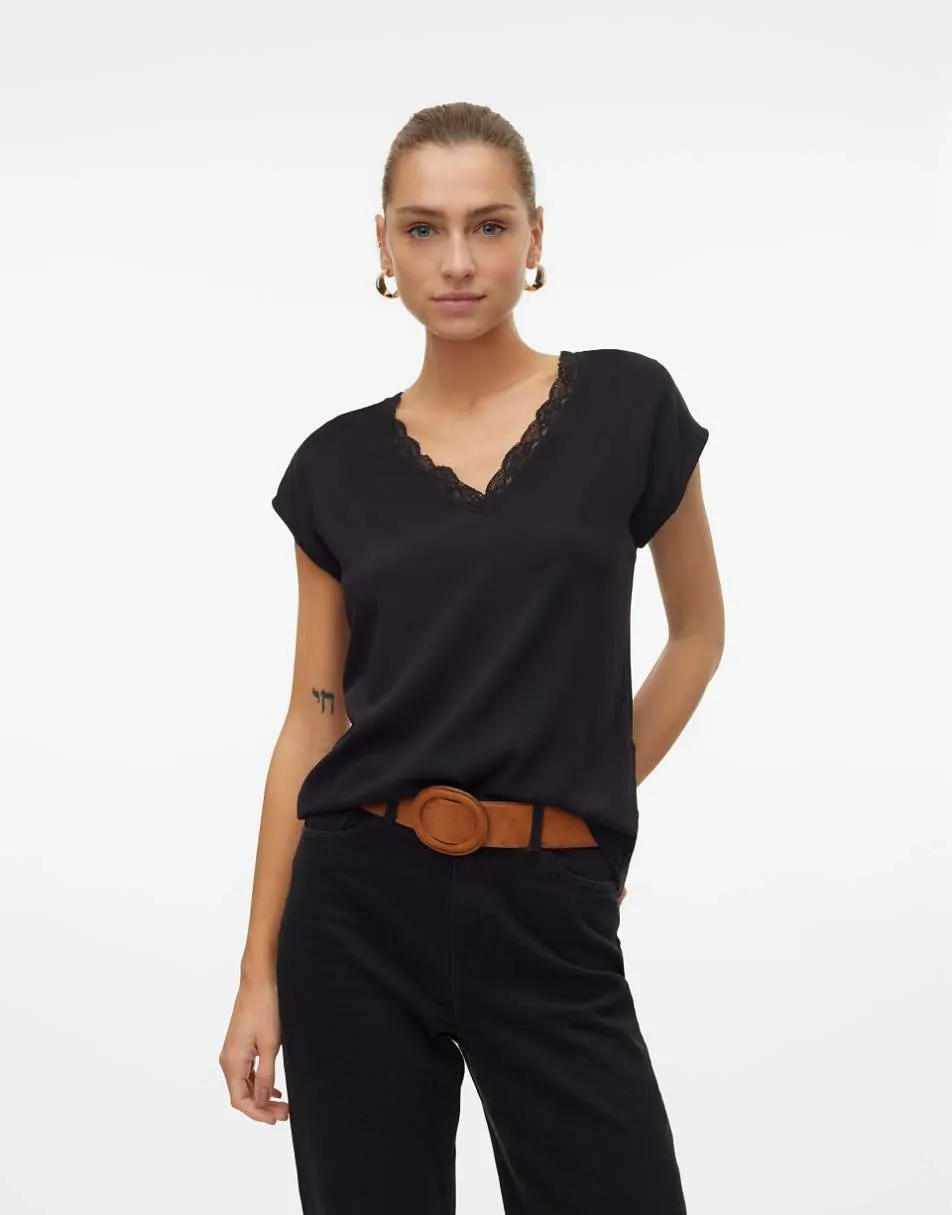 Vero Moda lace trim short sleeve blouse in black