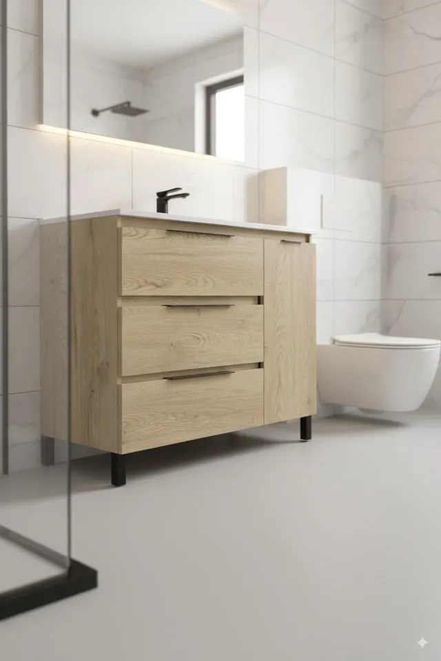 Conjunto Alessandria de mueble y encimera en medida 80 cm, acabado nebraska con tirador directivo