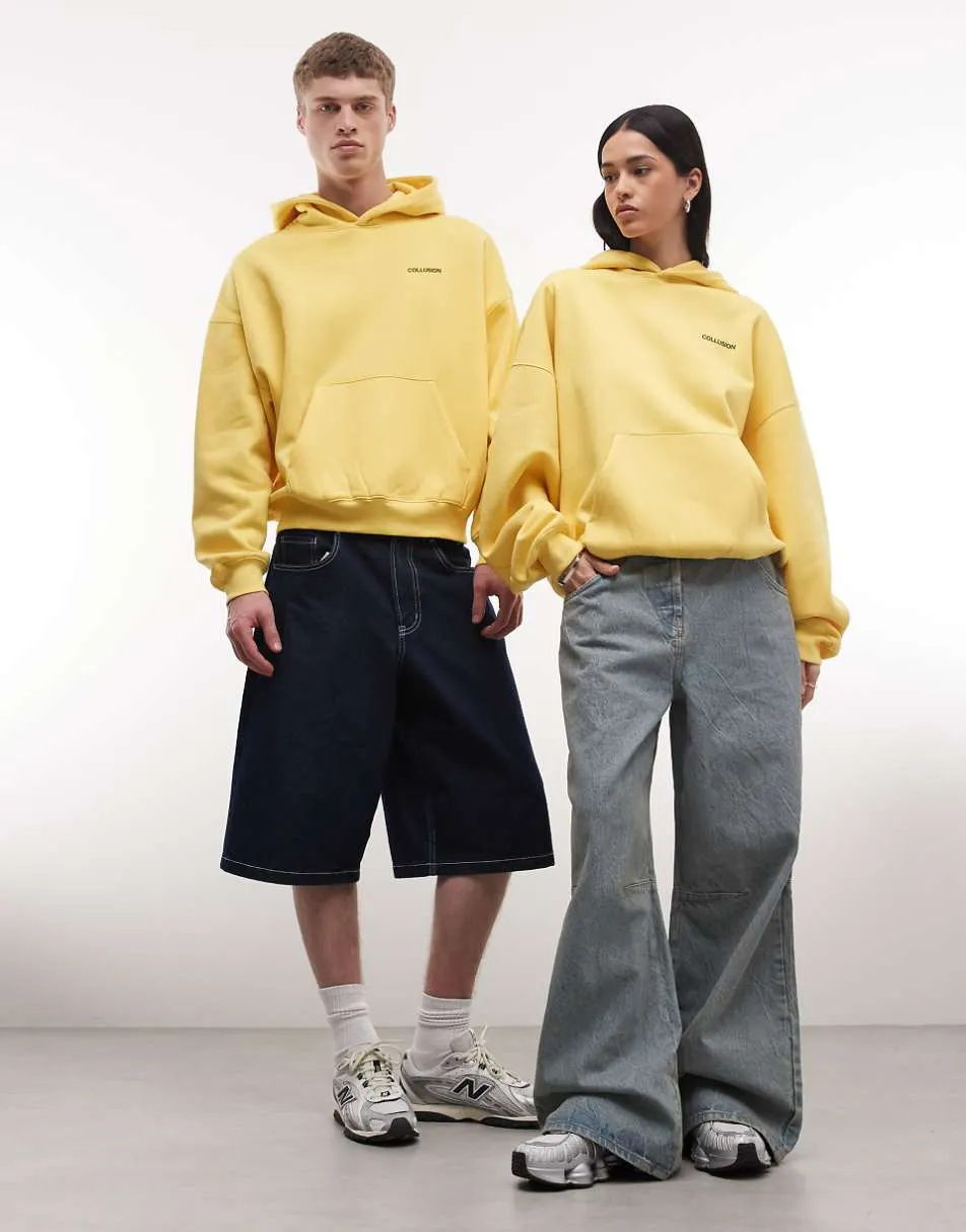 COLLUSION Unisex Boxy oversized hoodie in yellow with back logo graphic