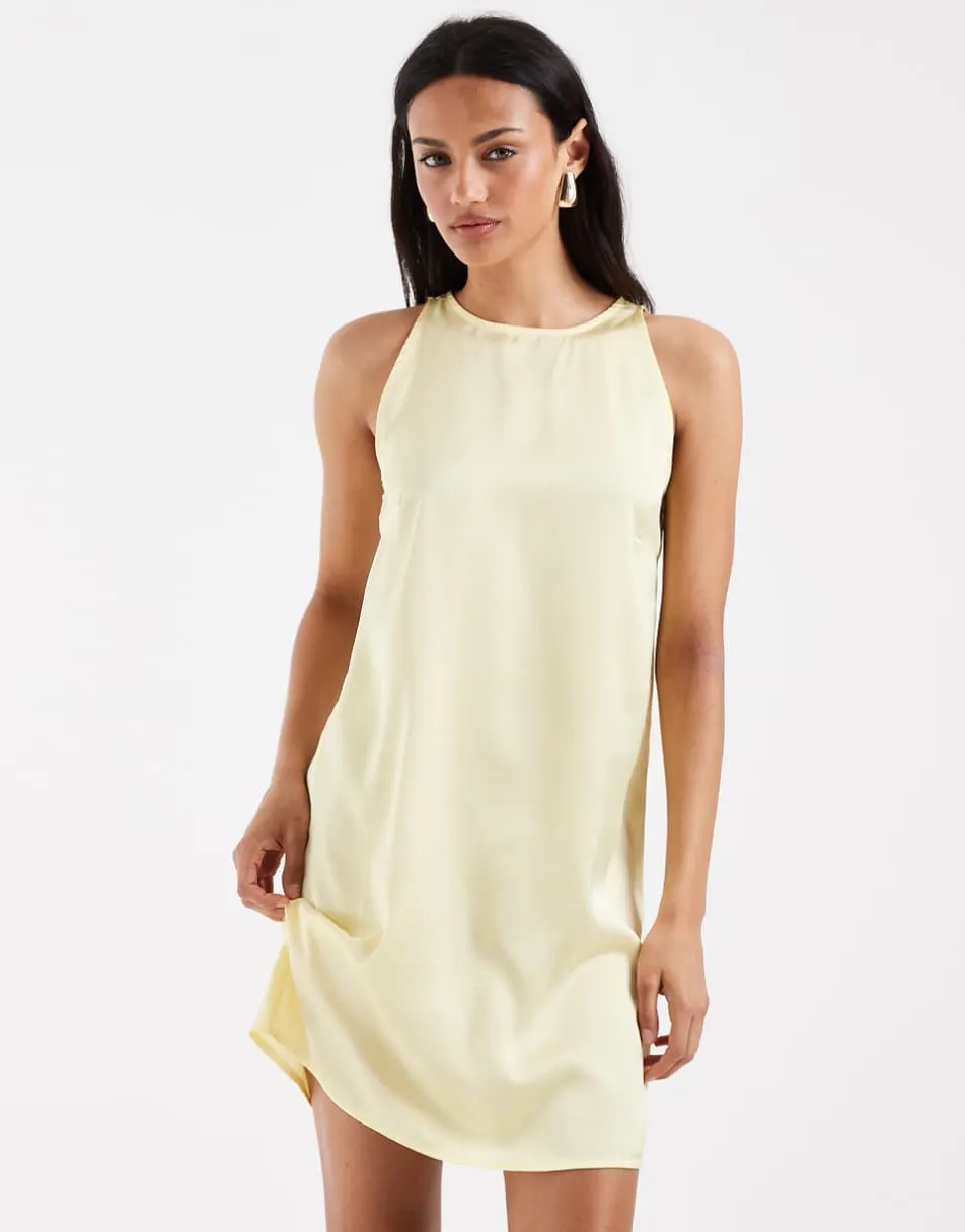 Pieces racer neck satin mini dress in pastel yellow