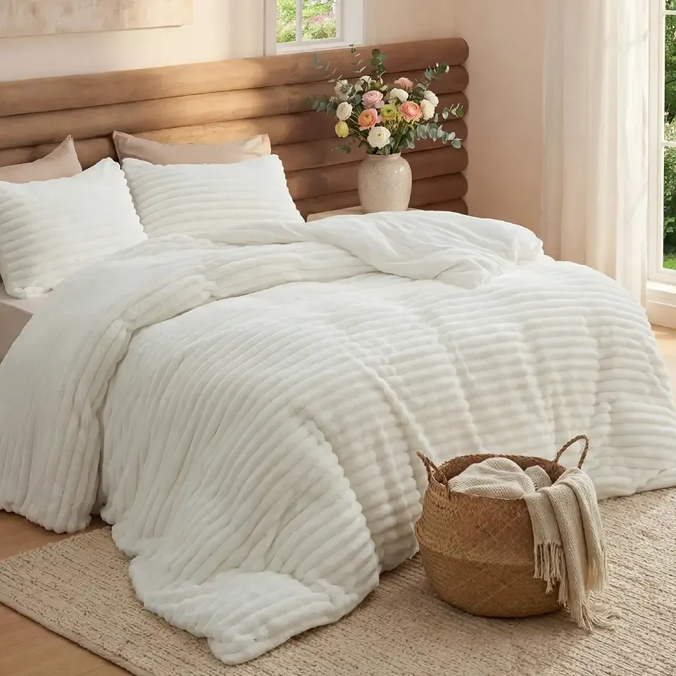 Bedsure Large Queen Fluffy Comforter Set, Cozy Fleece Cream White Bedding | Ultrasoft Ribbed Flannel Comforter, Machine Washable Fall & Winter Warm Bedding Set, OEKO-TEX Certified for Sensitive Skin