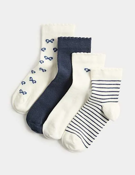 4 Pack Cotton Rich Bow & Striped Socks (6 Small-7 Large)