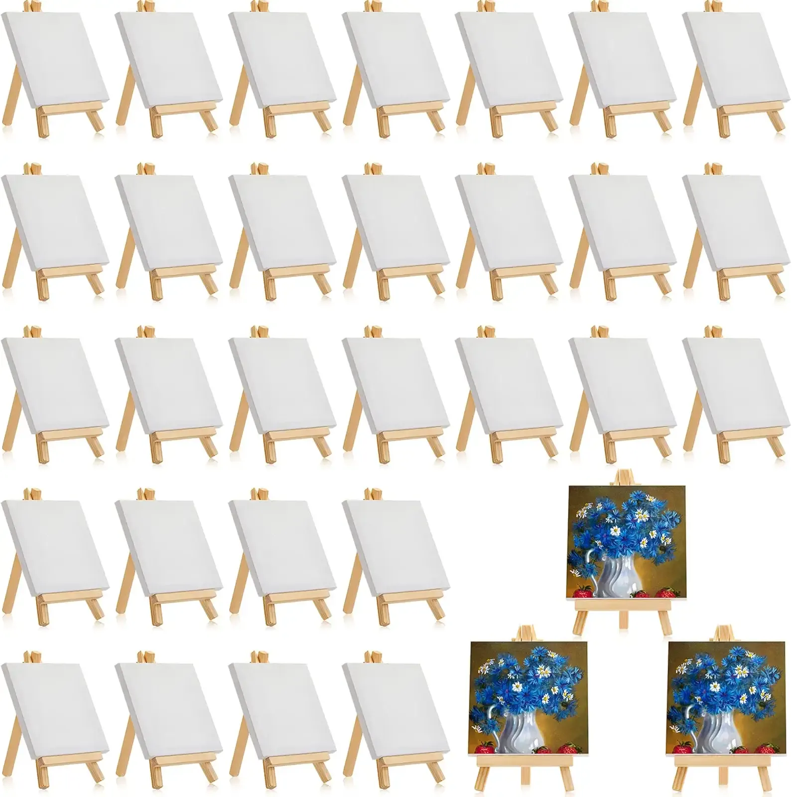 Mimorou 32 Pack Mini Canvas with Easel Sets for Painting Small Art Stretched Canvas Panels Pack with Wood Display Easel for Classroom Crafts, Art Projects, Birthday Paint Party Favors (4 x 4 Inch)