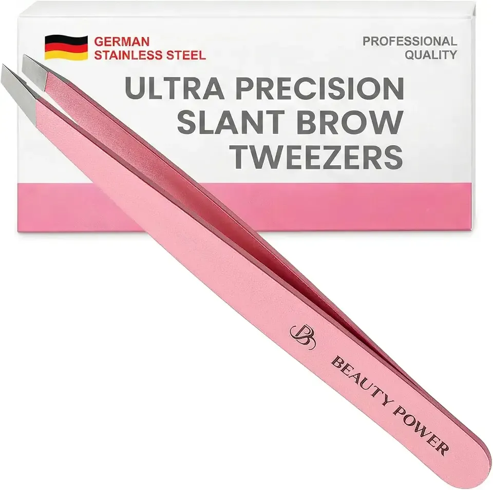 Beauty Power Tweezers for Women Facial Hair: Ultra Precision Tweezers for Women & Men, Sharp Slant Tweezer for Eyebrows, Ingrown Hair Removal. Professional Plucker, German Stainless Steel (Pink)