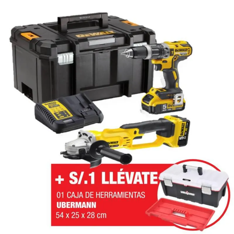 Taladro Percutor 1/2" + Esmeril 4-1/2" Inalámbricos DCK209P2T Dewalt
