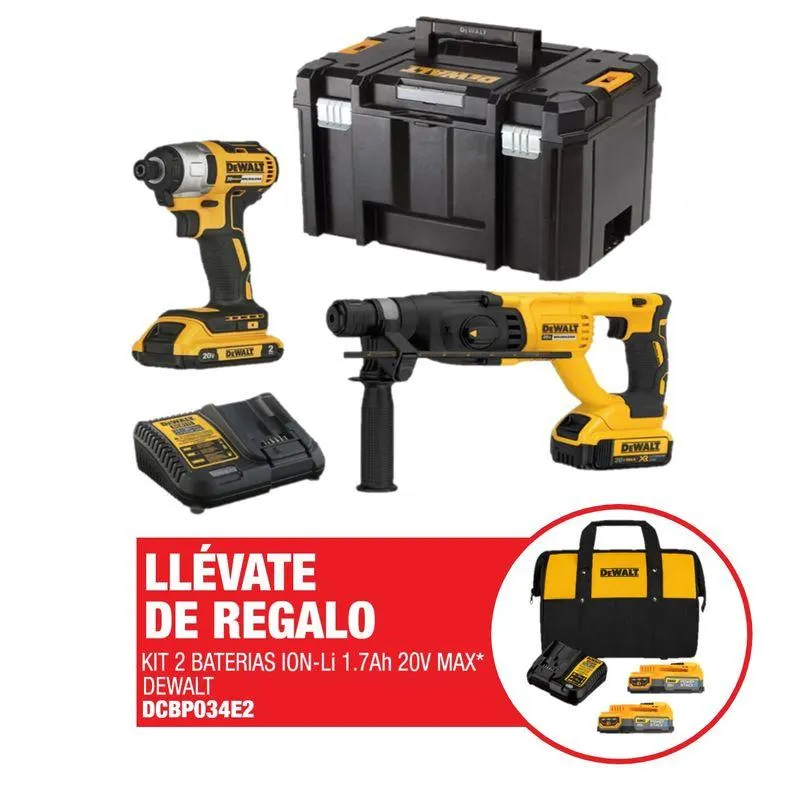 Kit Rotomartillo Dewalt DCK260D1P1T + Ator. Impacto Dewalt 20V + 2 Bat + Carg + Regalo: Kit 2 Bat 1.7AH 20V + 1 Carg + Maletin de lona