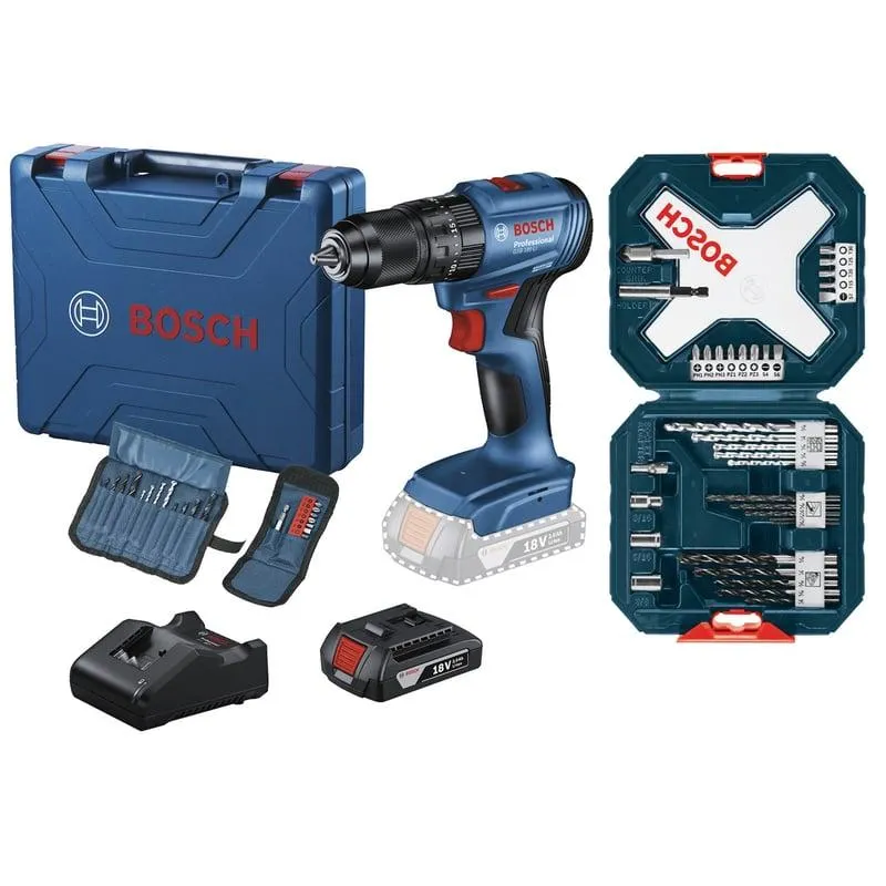 Taladro percutor Bosch GSB 185-LI 18V + 1 Batería 18V GBA 2.0Ah + Maletín de plástico + Set de Puntas y Brocas Bosch X-Line 34 unidades