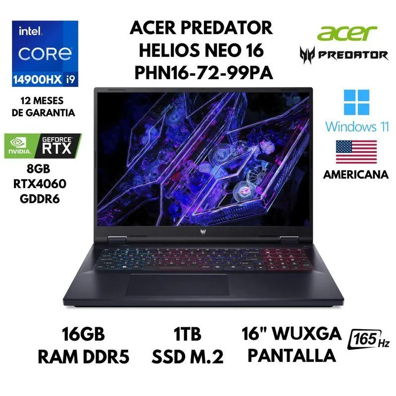 LAPTOP ACER PREDATOR HELIOS NEO 16 CORE I9-14900HX 16GB RAM 1TB SSD 8GB RTX4060 16" WIN 11 AMERICANA