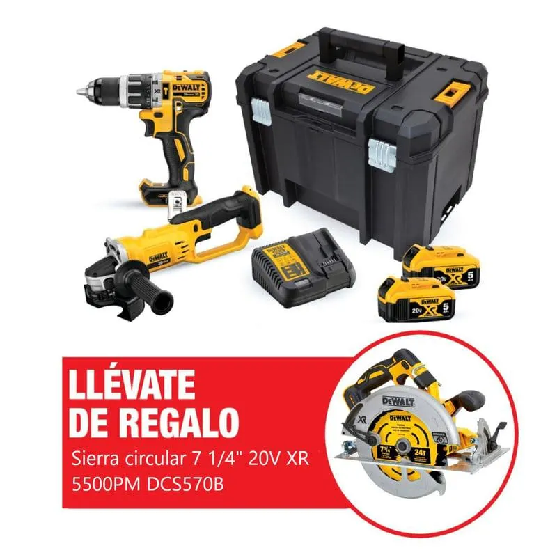 Kit Taladro Percutor ½? DCD796 + Esmeril Angular 4 1/2" DCG412 20V DCK209P2T-B2 + Regalo: Sierra Circular 7 1/4" 20V XR 5500PM Baretool DCS570B DeWALT