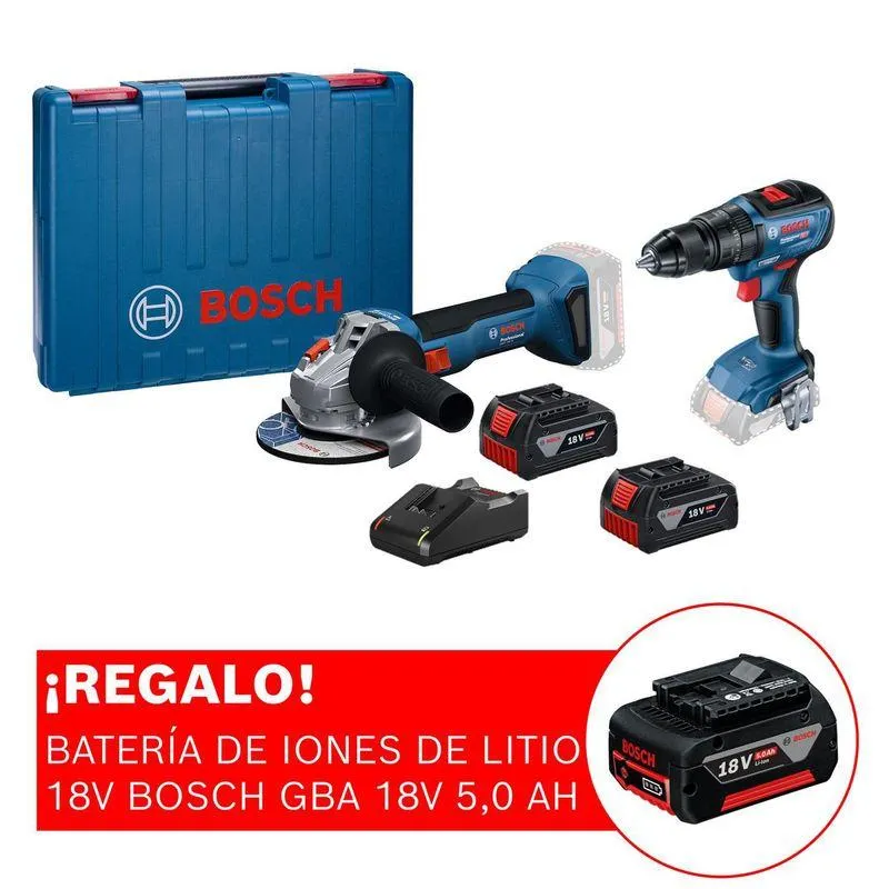 Amoladora inalámbrica Bosch GWS 18V-8 + 2 Baterías 4 AH + Cargador + Maletín Plástico + Taladro Atornillador percutor 18V GSB 18V-50 Brushless + ¡REGALO! Batería 5 AH
