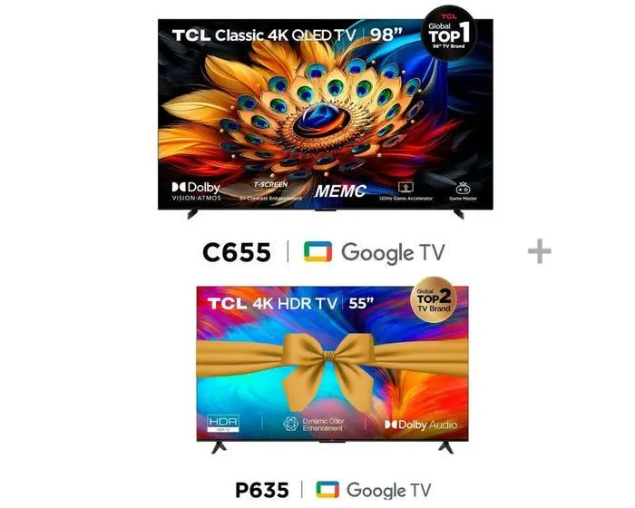 Televisor TCL Smart TV 98" QLED 4K UHD 98C655 + Televisor TCL Smart TV 55" 4K UHD 55P635 (GRATIS)
