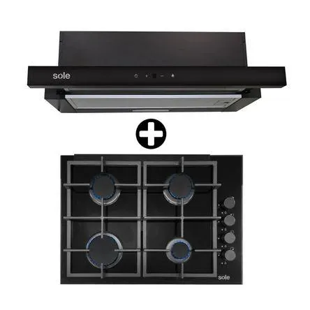 COMBO Encimera Vidrio Templado a Gas 4 Quemadores + Campana Extractora Spazio Bajo Mueble 60cm Sole