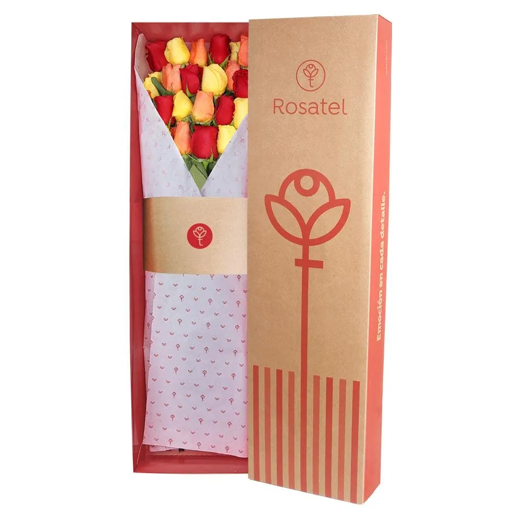 Caja Natural con 24 Rosas de Colores