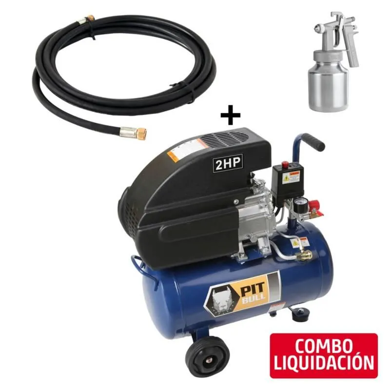 Combo Compresora de Aire 2 HP 24 Litros Pitbull + Manguera de Aire 1/4" x 5 m Haz Global + Pistola para pintar baja presión económica Arpex