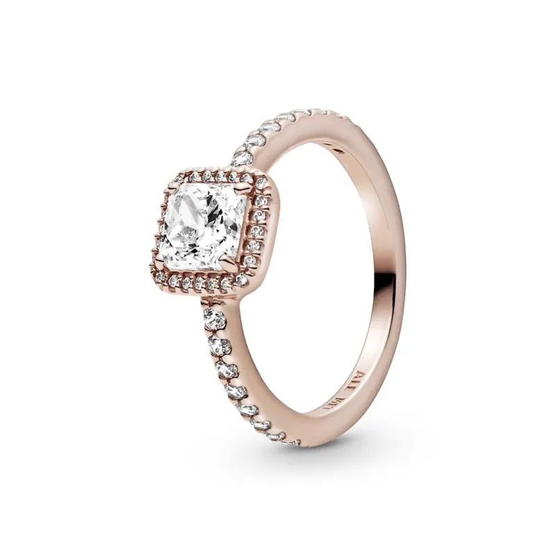 Anillo Cuadrado Con Halo Brillante Recubrimiento en Oro Rosa de 14k