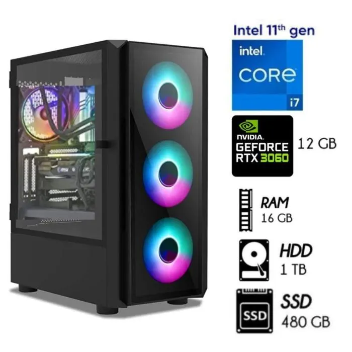 Computadora PC GAMER PC CORE i7-11TH Ram 16GB HDD 1TB+SSD480 VIDEO RTX 3060 12GB Case GAMER