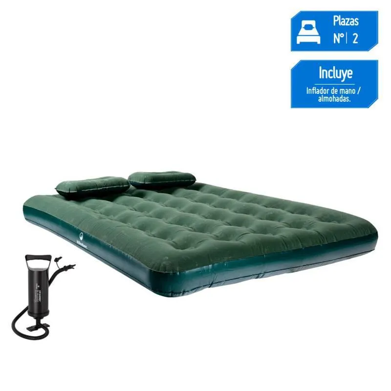 Combo Colchón Inflable 2 Plazas Klimber Verde + Almohadas + Inflador