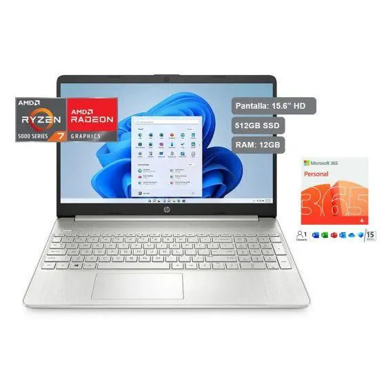 Laptop HP de 15.6", modelo 15-ef2526la, procesador AMD Ryzen 7, 12GB RAM, disco sólido de 512GB, cámara web 720HD, Bluetooth 4.2, carga rápida, entrada HDMI , Wifi, Windows 11, para trabajo o estudiantes, color plateado, incluye Microsoft 365 personal.
