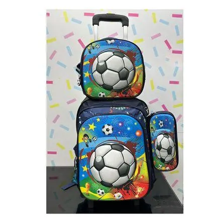 Set Mochila Lonchera Cartuchera Luces Ruedas Eva 3D Futbol