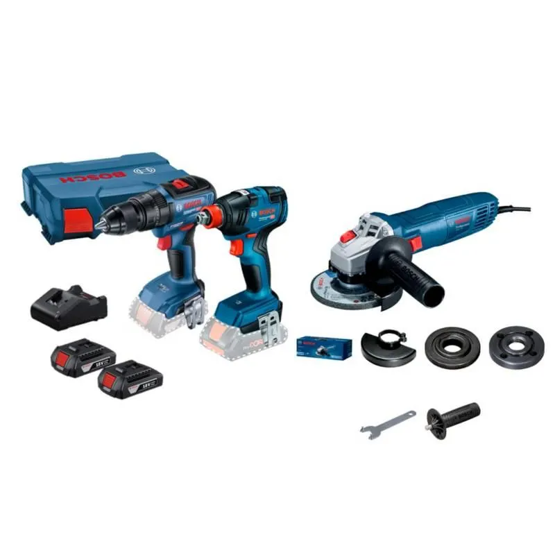 Taladro Atornillador Percutor GSB 18V-50 BRUSHLESS + Llave Impacto 18V GDX 18V-200 BRUSHLESS + 2 Baterías + 1 Cargador + 1 Maletín Bosch + Amoladora Eléctrica GWS700 4.5" 710W Bosch