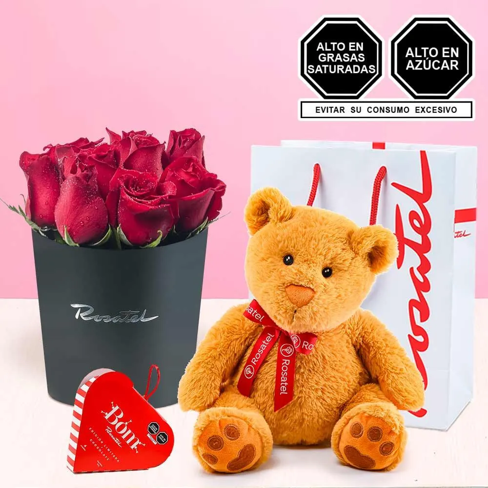 Arreglo con Rosas peluche Hugo y Chocolates Bom Rosatel