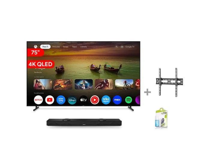 Televisor Miray Smart TV 75" QLED 4K MQ75-E2000GBT + Soundbar Miray SBM-S25R + Soporte Fijo Miray SFM-32_70 + Kit de Limpieza Airboom AB C5/120ml