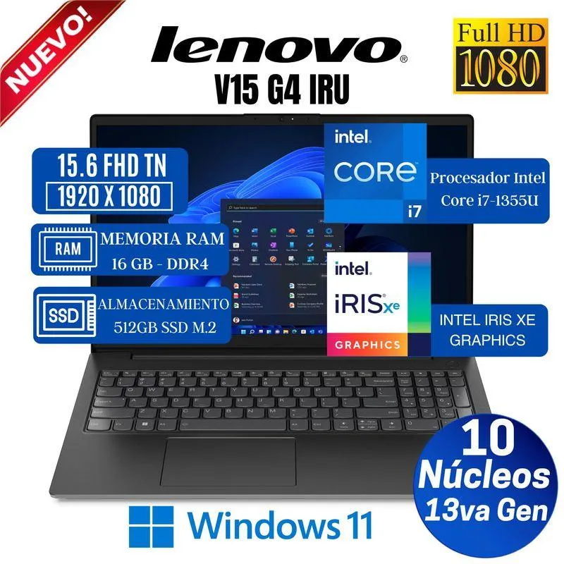 Laptop Lenovo V15 G4 IRU 15.6" FHD TN, Intel Core i7-1355U, 13va Gen, Ram 16GB, SSD 1 TB, Win 11 Pro