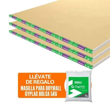 COMBO Gyplac: 6 Planchas de Drywall ST Extraliviana ½” (12.7mm) 1.22m x 2.44 m + Masilla para drywall Bolsa 5kg