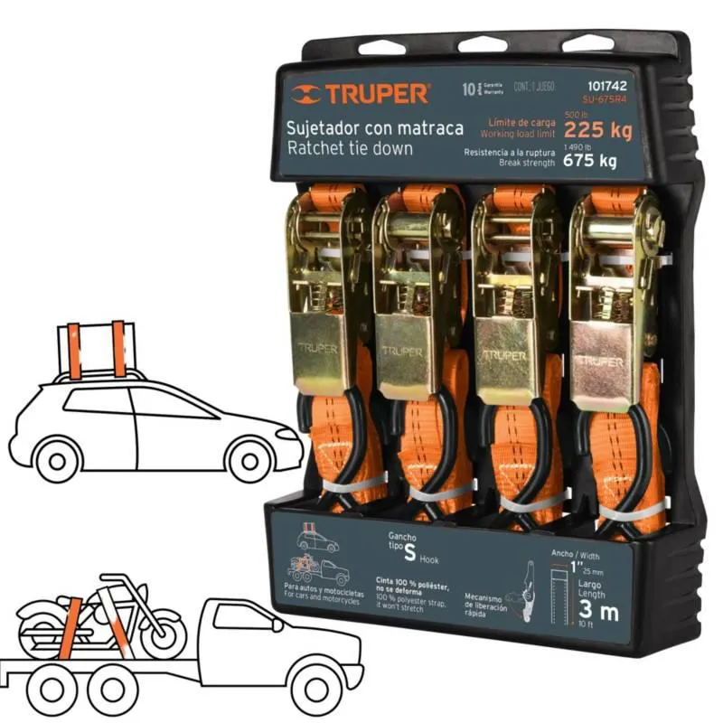 Sujetadores correa de carga para auto 4piezas Resiste 675 kg