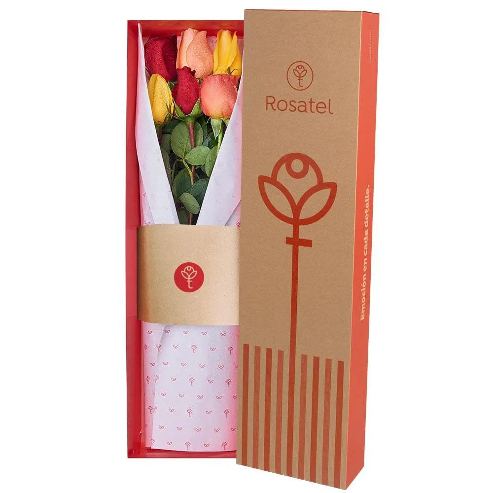 Caja Natural con 6 Rosas de Colores