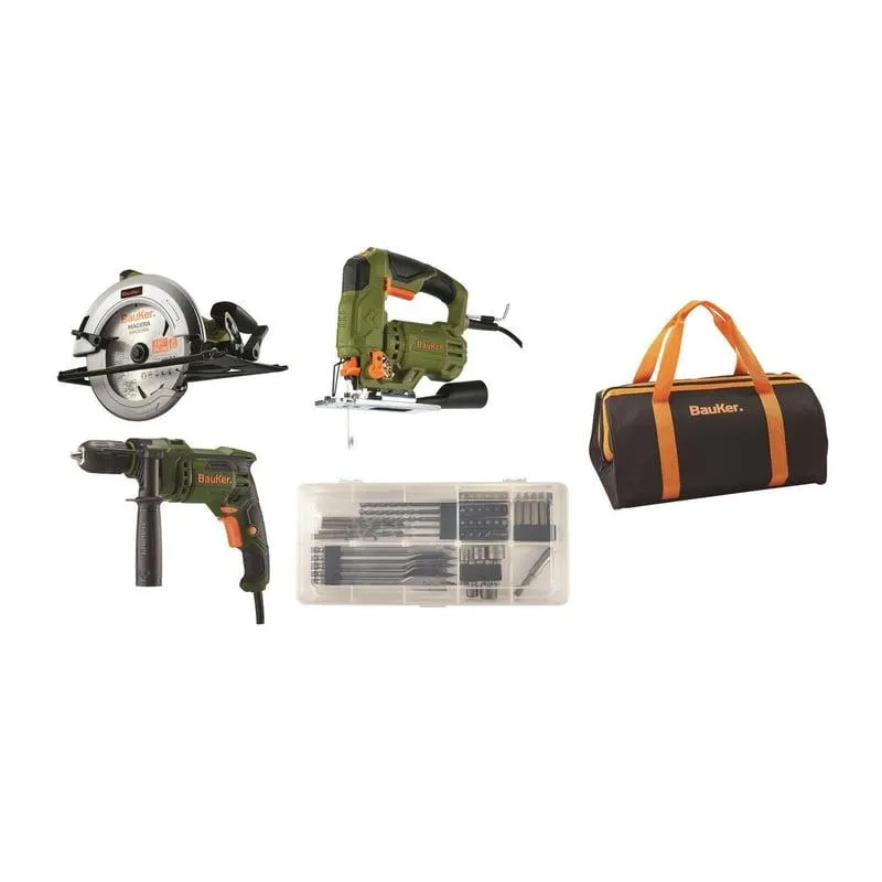 Combo carpintero Bauker: Taladro Percutor Bauker + Sierra Caladora Bauker + Sierra Circular Bauker + Bolso + Set Accesorios