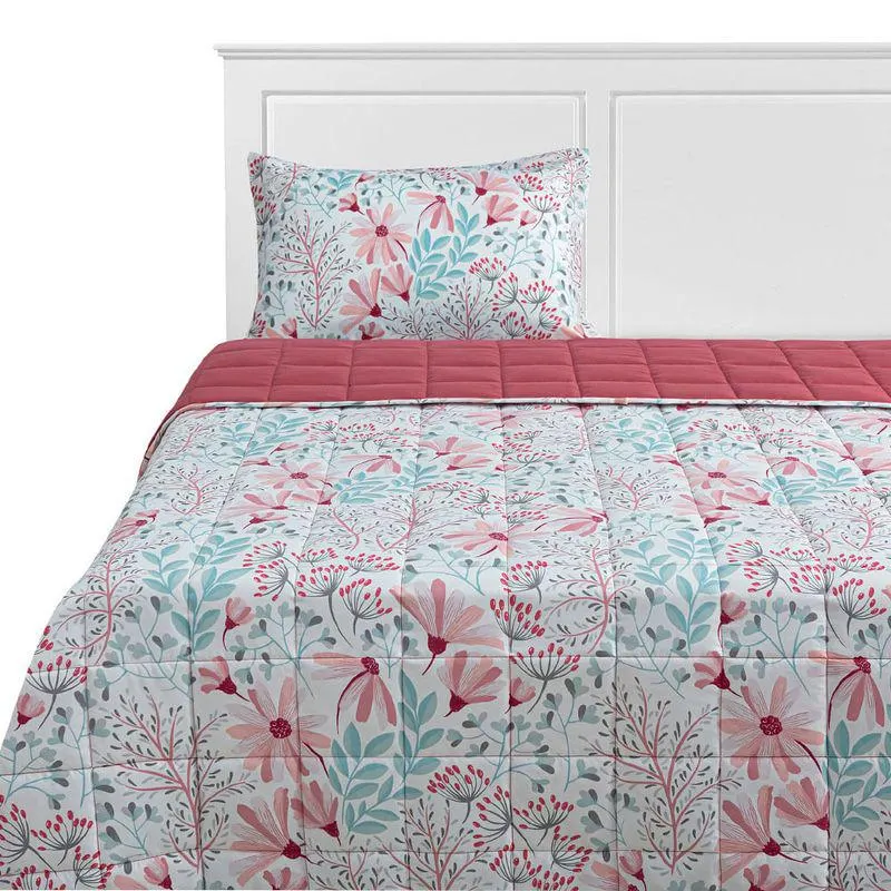 Plumón Krea Estampado Flores Rosa 1.5 Plazas