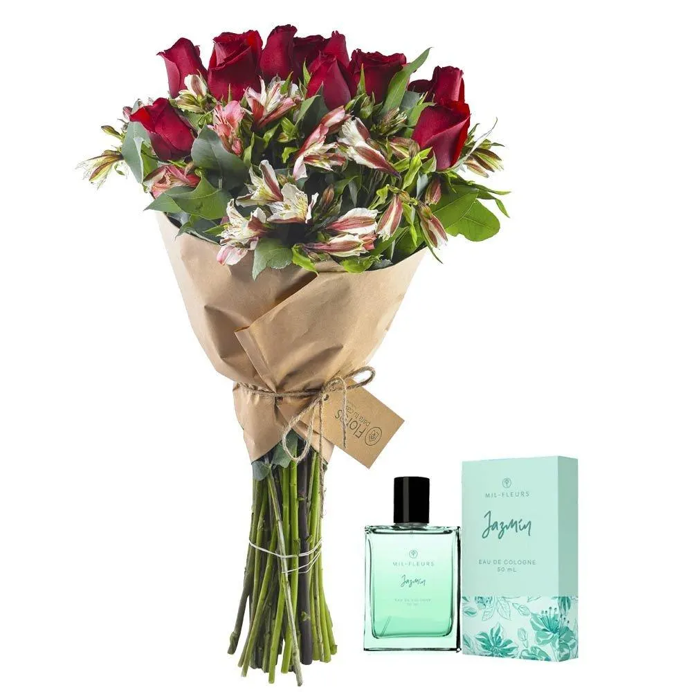 Ramo con 9 Rosas Rojas Astromelias y Colonia Mil Fleurs Jazmín