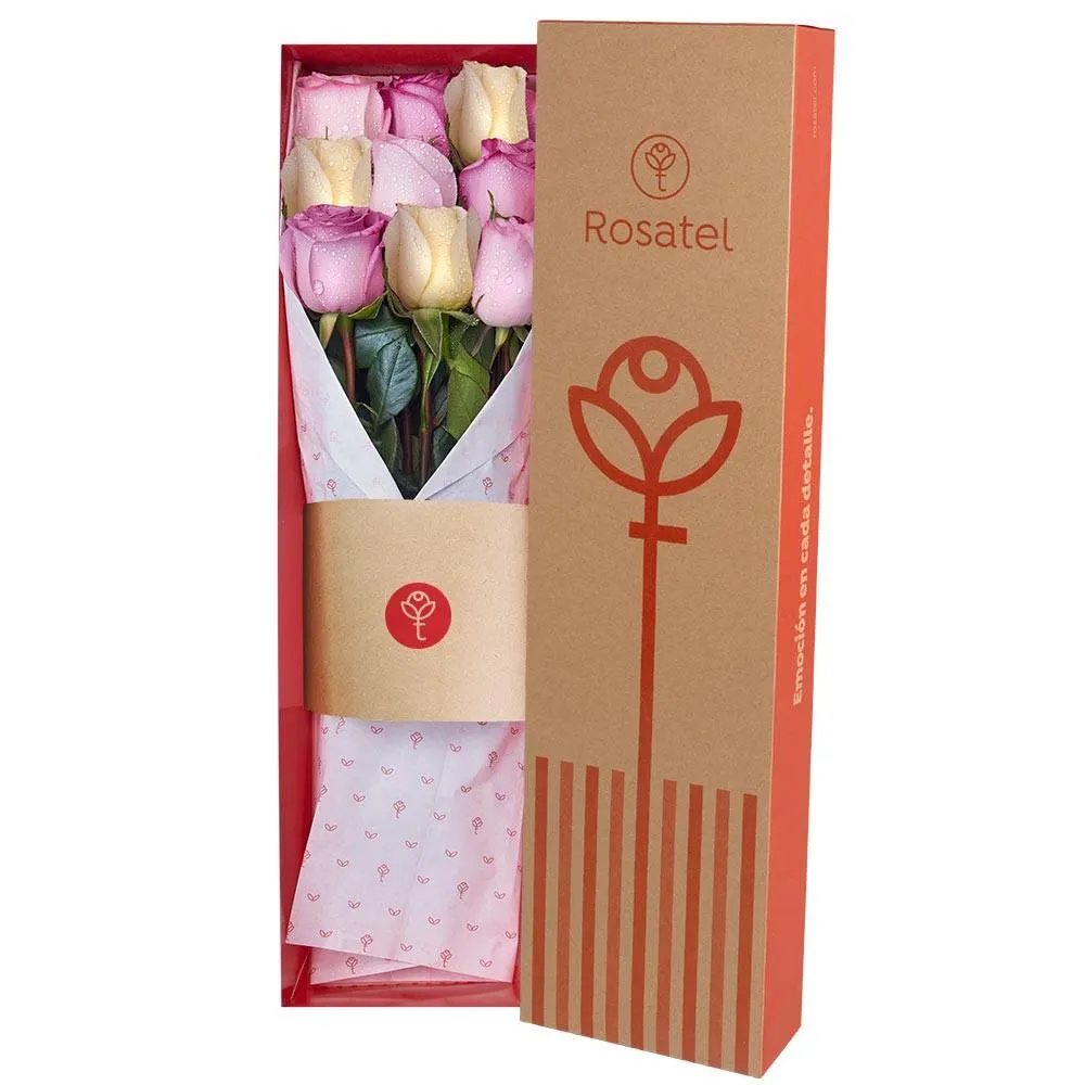 Caja Natural con 9 Rosas Colores Pasteles