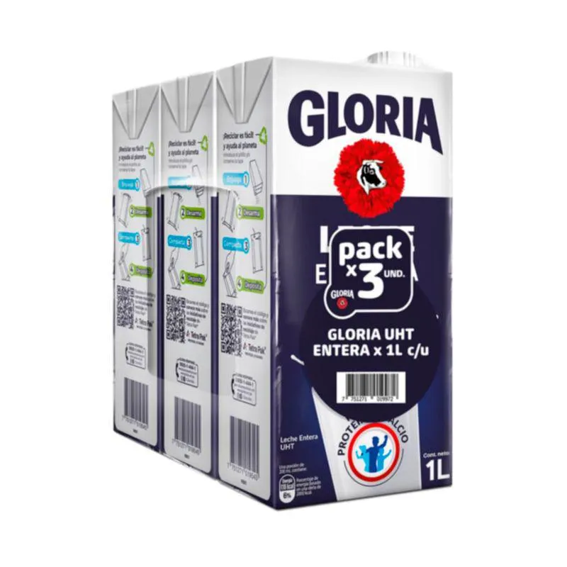 Tripack Leche Entera UHT Gloria Caja 1L