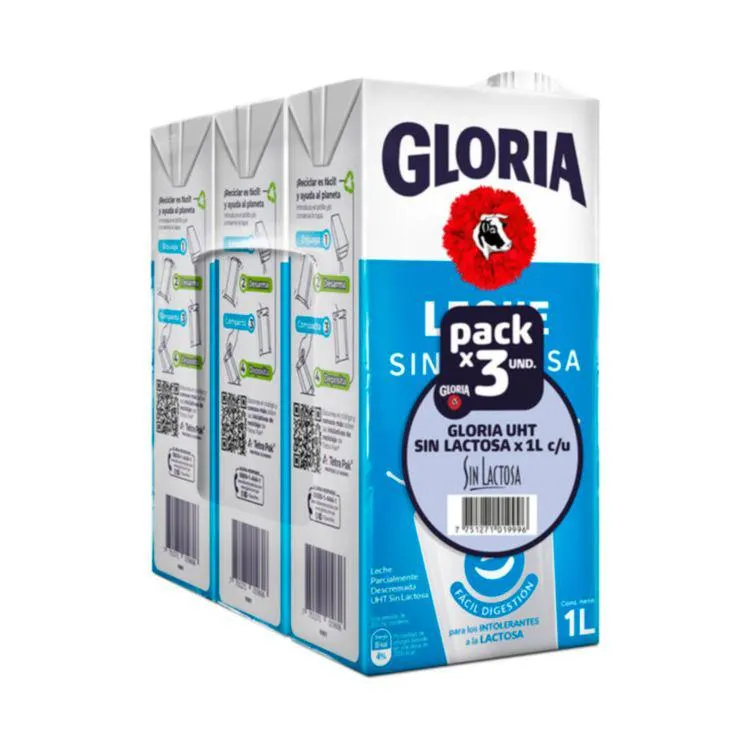 Tripack Leche Parcialmente Descremada Gloria Sin Lactosa Caja 1L