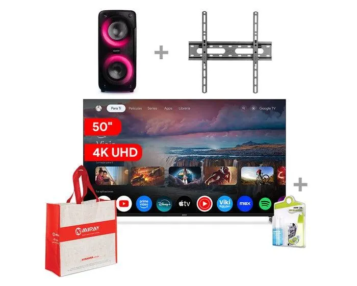 Televisor Miray LED 4K UHD Smart 50" MK50-E2000GBT + Parlante Portátil Miray PMBT-91 + Soporte Fijo Miray SFM-32_70 + Kit de Limpieza Airboom AB C5/120ml + Bolsa Miray BMM-74