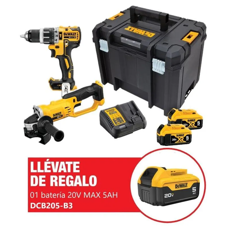 Taladro Percutor 1/2" 20V + Esmeril 4-1/2" 20V + 2 Baterías 5.0Ah + 1 Batería 5.0Ah +Cargador+Maleta