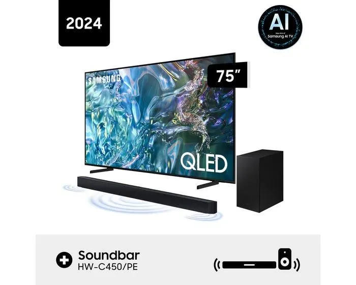 Televisor Samsung Smart TV 75" 4K QLED QN75Q60DAGXPE + Soundbar Samsung Bluetooth 2.1 CH HW-C450/PE