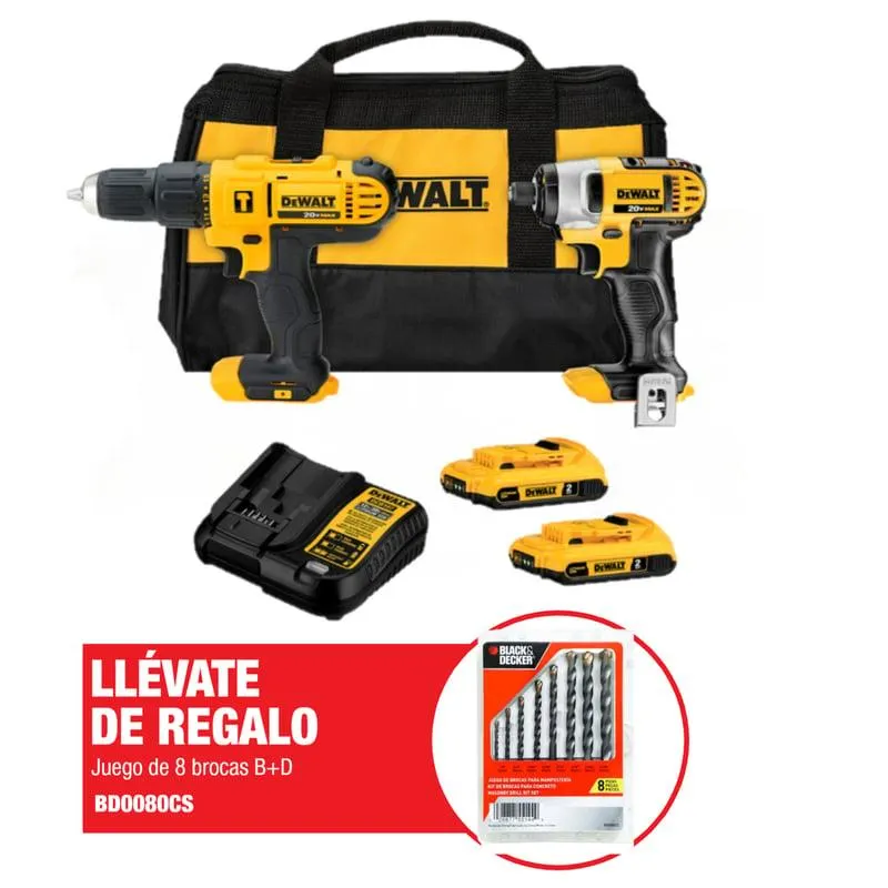 Taladro Percutor 1/2" 20V + Atornillador Impacto 1/4" 20V DCK222D2 Dewalt + Regalo: Set de Brocas BD0080CS