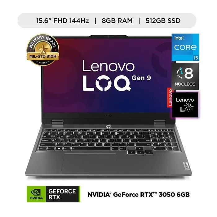 Laptop Gamer Lenovo 15.6" Intel Core i5-12450HX 8GB 512GB SSD RTX 3050 6GB FHD LOQ