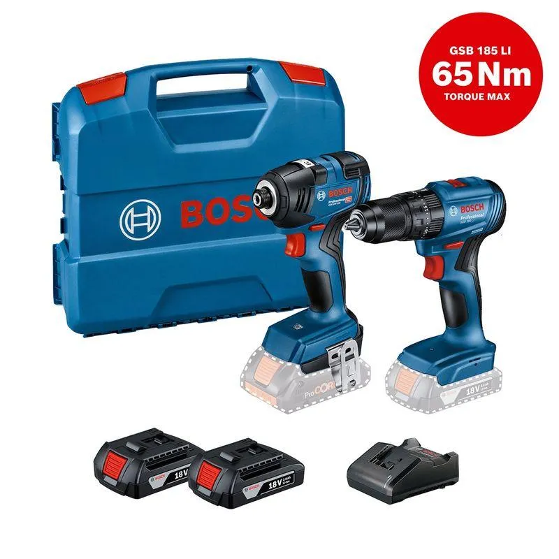 Taladro percutor inalámbrico 18V 1/2" Bosch GSB 185-LI + Llave impacto inalámbrico 18V GDR 18V-200 + 2 baterías + maletín plástico