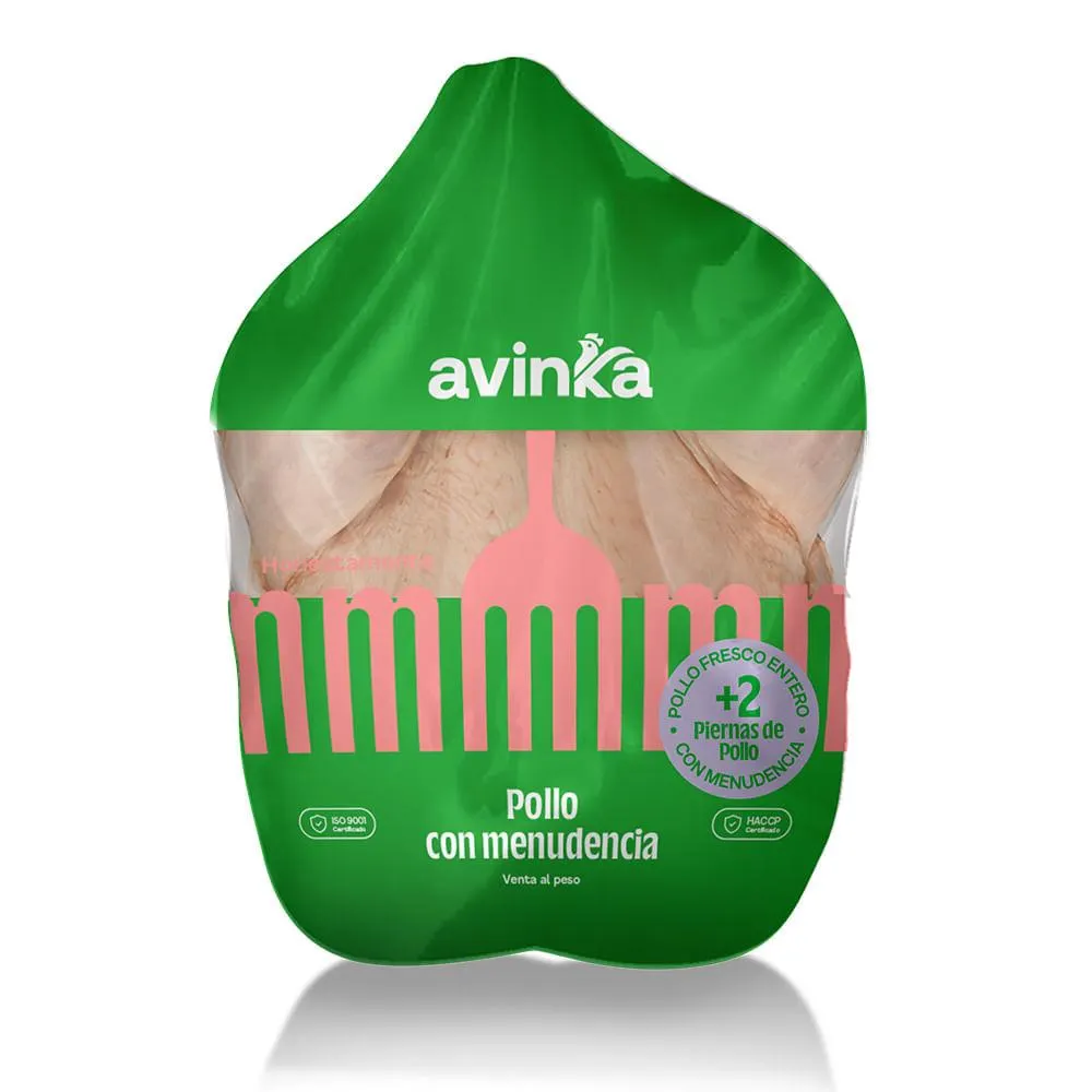 Pollo entero con menudencia + 2 piernas Avinka Bolsa 2.33 a 2.43 kg