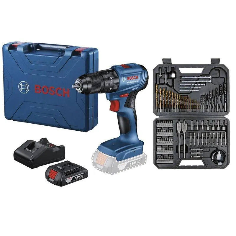 Taladro percutor 1/2" 18 V Bosch GSB 185-LI + Kit de Puntas y Brocas en Titanio Bosch 103 unidades + 1 batería + maletín de plástico