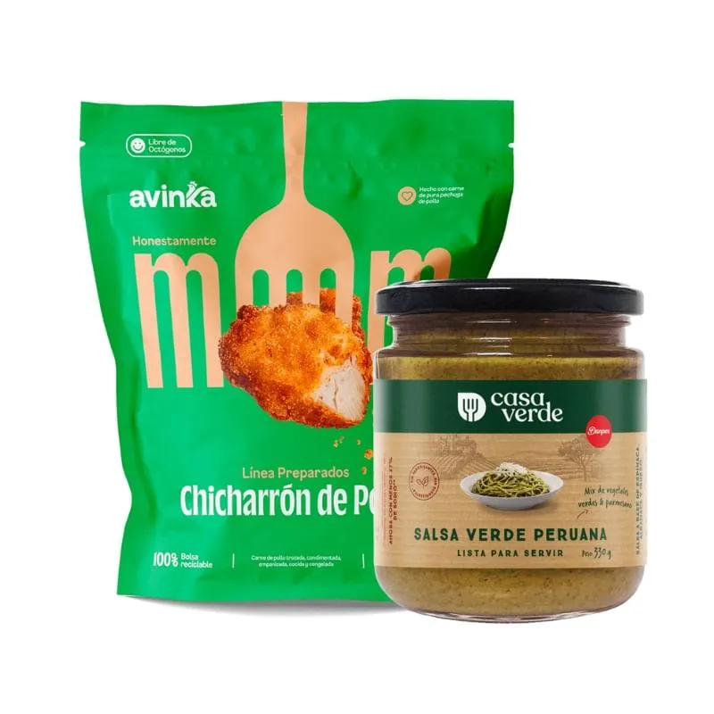 Pack Salsa verde Casa verde 330 g + Chicharrón de pollo Avinka Doypack 350 g