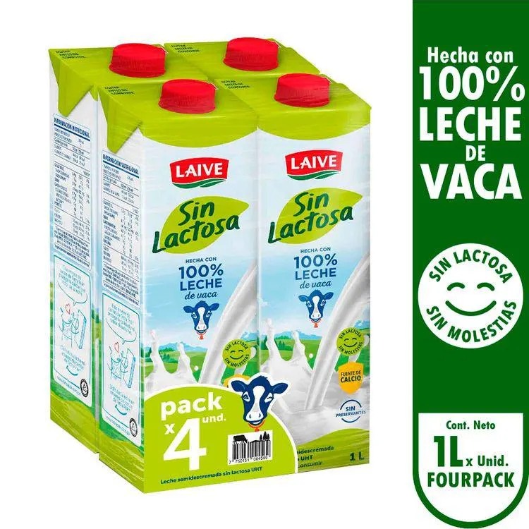 Pack x4 Leche Semidescremada UHT Sin Lactosa Laive 1L