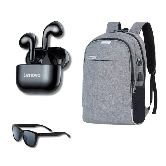 Pack Escolar Lenovo Mochila Gris + Audífono LP40 + Lentes